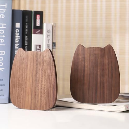 2-Pack Kitten Beech Bookends, 5.5x4.7in | Solid Wood, Natural Grain, Non-Slip Base, Detachable, for Shelves/Desk/Kids Room - color: Beech Wood Kitten