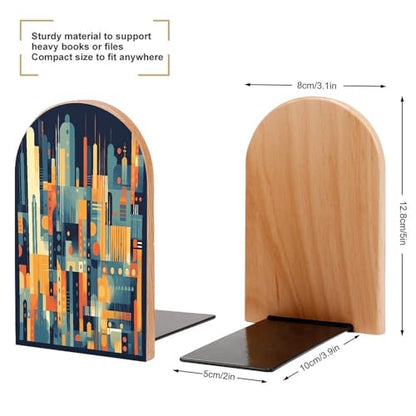Geometric Shapes Pattern Bookends 1 Pair Heavy Duty Book Ends for Shelves Non-Skid Bookend Supports Wooden Book Holders with Metal Base Desk Organizers Books Storage to Hold Books