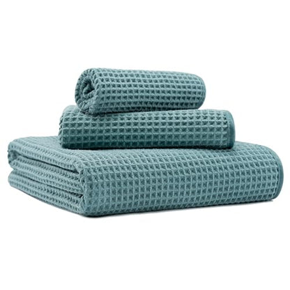 MICROFI New Microfiber Waffle Bath Towels, 3 Pieces, Oversized, Soft, Absorbent, Fast Drying, Lint Free, Includes Bath, Face and Hand Towels 430 GSM - color: Green