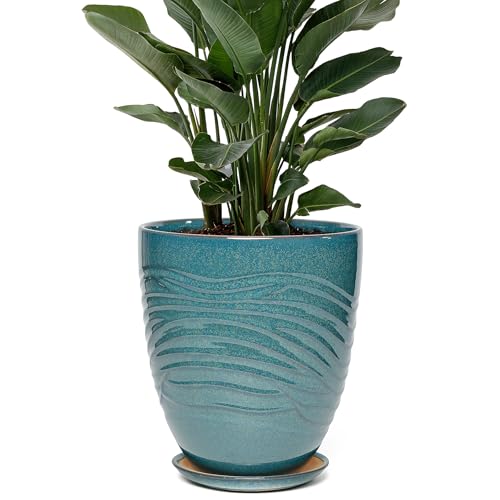 9.5 Inch Modern Ceramic Plant Pot with Saucer, Flower Pot with Drainage Hole Mesh Net,Indoor Outdoor Planter (Crackle-Blue) - color: Crackle-blue, size: 9.5 Inch