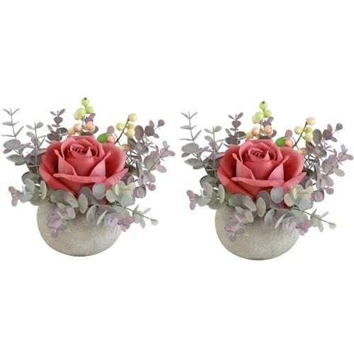 Small Artificial 2pcs Pink Rose Potted Plant, 6" Fake Silk Flowers in 3.5" Round Pot, Mini Faux Floral Arrangement for Desk Shelf Bathroom Decor - color: 2pcs Pink