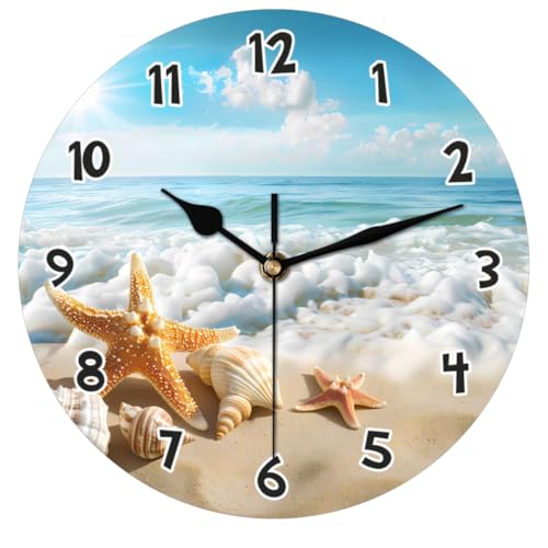 Ocean Sea Beach Starfish Seashell Wall Clock Battery Operated 10 in Round Wall Clocks Slilent Non Ticking Quartz Analog Clock for Bedroom Kids Living Room Classroom Decor - color: Ocean Sea Beach Starfish Seashell