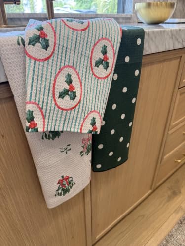 Kitchen Towels, Dish Towels for Kitchen, 3 Pc Kitchen Towel Set | Microfiber Waffle Towels, 16 x 26 inches, with Hanging Loops, Reusable Tea Towels, Cute Kitchen Towels - 3 Pack - color: Christmas Holly