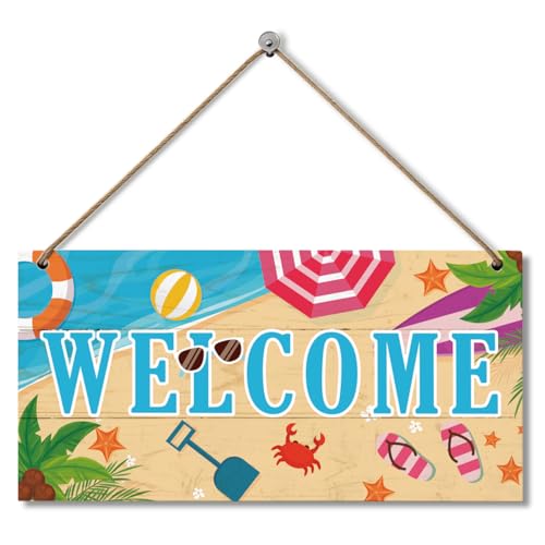 Welcome Wooden Hanging Plaque, Farmhouse Summer Decor Sign, Coastal Summer Printed Wall Art Signs, Beach Door Hanger, Coastal Front Porch Decor with Patio, Entryway, Beach House - color: Style 10