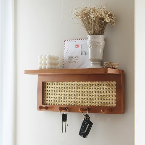 PE Rattan Key Holder with 4 Key Hooks ,Wall Mounted Decorative Floating Shelf for Entryway,Nursery,Mudroom, Hallway, Office (Retro Brown) - color: Retro Brown