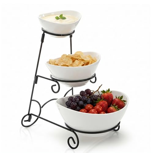 Covzoe 3 Tiered Chip and Dip Serving Set with Metal Stand | Ceramic Appetizer Bowls for Party, Food Display Platter Serving Dishes for Fruit Dessert Snacks