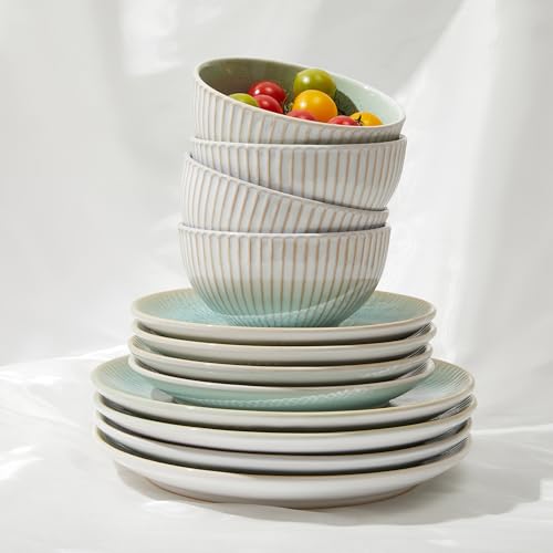 Ceramic Dinnerware Sets for 4, 12pcs Plates and Bowls Sets Dish Set | Stoneware Dishware sets, Microwave & Dishwasher Safe, Cereal Bowls and Dinner Plates Set, Stackable Dishes Set, Green - color: Embossed Green, size: Set (12pcs)