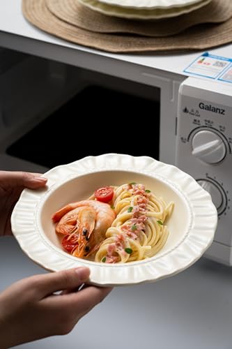 8.6" Ceramic Wide Rim Soup Bowls Set of 4, Cream Color Embossed | Italian-Inspired Floral Embossed Design with Matte Finish, Microwave & Dishwasher Safe, Ideal for Pasta, Salad, Soup and More