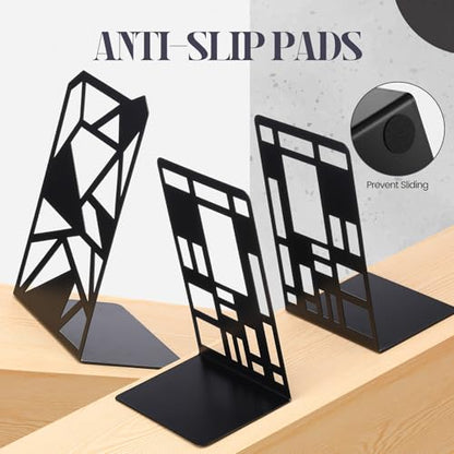 Feifeiya 6 Pairs Decorative Book Ends Metal Bookends for Shelves Black Metal Heavy Duty Book Ends Holder Supports Stoppers for Home Office School, 6.9x4.9x3.5”(Geometrical) - style: Geometrical