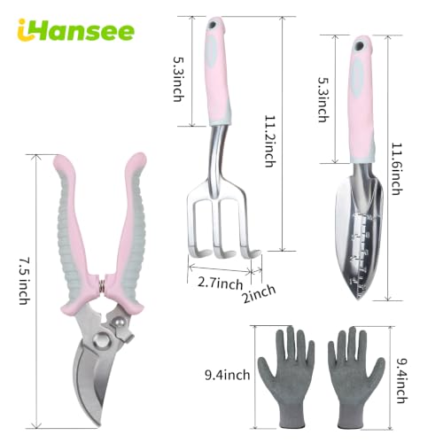 Pink Garden Tool Sets 4-Piece, Aluminum Gardening Hand Tool Kit | Transplant Trowel, Hand Rake, Curved Pruner with Ergonomic Handle, Garden Gloves, Gardening Gift for Mom Women Plant Lover - color: pink-4pcs