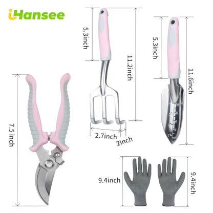Pink Garden Tool Sets 4-Piece, Aluminum Gardening Hand Tool Kit | Transplant Trowel, Hand Rake, Curved Pruner with Ergonomic Handle, Garden Gloves, Gardening Gift for Mom Women Plant Lover - color: pink-4pcs