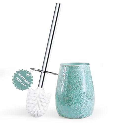 Turquoise Green Toilet Brush and Holder Set – Handcrafted Mosaic Glass Holder, 304 Rust-Resistant Stainless Steel Toilet Bowl Brush – Decorative Luxury Bathroom Accessory - color: Turquoise