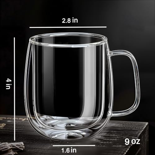 Double Wall Glass Mugs Set of 2, 9 oz Borosilicate Glass Coffee Cups with Handle, Insulated Clear Espresso Glasses for Hot and Cold Drinks, Heat Resistant Tea Latte Cappuccino Mugs, Dishwasher Safe