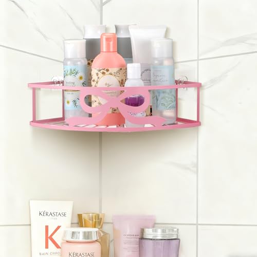2 Pcs Pink Corner Shower Caddy Pink Bow Shower Shelves Organizer No Drilling Coquette Corner Caddy with 5 Adhesive Hooks Preppy Wall Mounted Decor Shelves for Bathroom Kitchen Bedroom Dorm - style: Bow