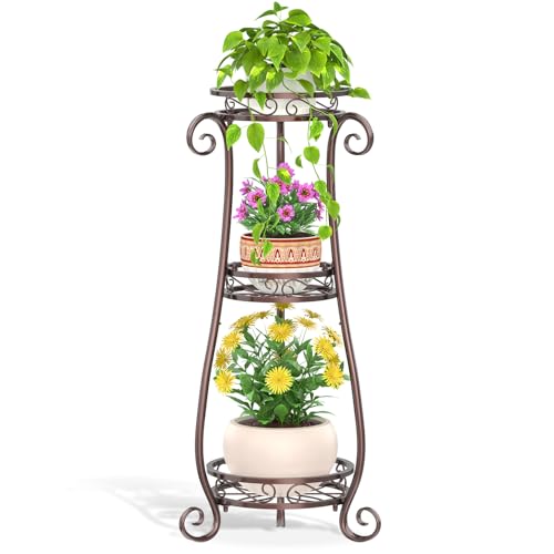 LASZOLA 3 Tiers Metal Corner Plant Flower Stand Tall Indoor Outdoor, Bronze | Heavy Duty Small Holder Shelf for Multiple Plants, Vintage 30 Inch High for Patio Office, Modern Sturdy Vertical Iron Rack - color: Bronze, size: 3 Tier