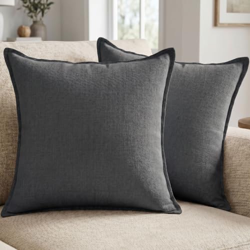 Cotton Linen Throw Pillow Covers 22x22 Inch Dark Gray Set of 2 | Breathable Decorative Cushion Cases with Invisible Zipper - for Boho Farmhouse Decor in Living Room Sofa Couch Bed and Patio - color: Dark Gray, size: 22" x 22" (Pack of 2)