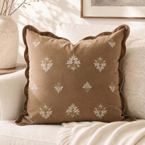 BlissBlush Throw Pillow Cover 20x20, Brown Velvet Decorative Pillow Cover, Floral Accent Cushion Cover with Embroidery and Scalloped Edge for Couch Sofa Bed, Cover ONLY - color: Warm Brown, size: 20" x 20" (Pack of 1)