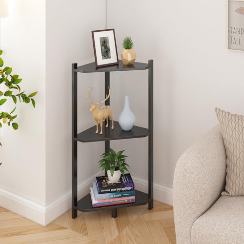 Wisuce Bamboo Small Corner Shelf Stand, 3-Tier Black Corner Bookshelf | Space-Saving Narrow Corner Shelf | Bathroom, Bedroom, Living Room, Kitchen & Plants | Stable Natural Bamboo Frame - color: Black, size: 3 Tier