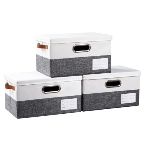 Storage Bins with Lids [3-Pack] Linen Fabric Foldable Storage Boxes Organizer Containers Baskets Cube with Cover for Bedroom Closet Office Grey&White（11.4X8.6X6.7 - color: Grey & White, size: S(3-Pack)