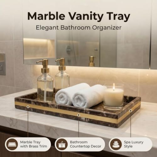 Brown Marble Vanity Tray, 12" x 8" Stone Bath Counter Organizer | Genuine Brown Marble, Warm Chocolate Veining, 12 x 8 Inch, for Perfume and Skincare, on Vanity and Kitchen Counter - color: Brown