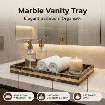 Brown Marble Vanity Tray, 12" x 8" Stone Bath Counter Organizer | Genuine Brown Marble, Warm Chocolate Veining, 12 x 8 Inch, for Perfume and Skincare, on Vanity and Kitchen Counter - color: Brown
