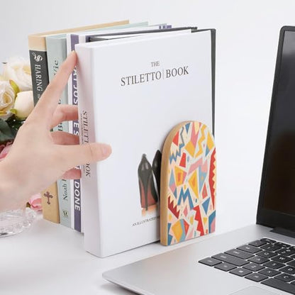 Personalized Wood Book Ends Metal Base Geometric Pattern Design Printing Bookend Modern Heavy Duty Bookends for Home Or Office 1 Pair - color: Geometric Pattern Design