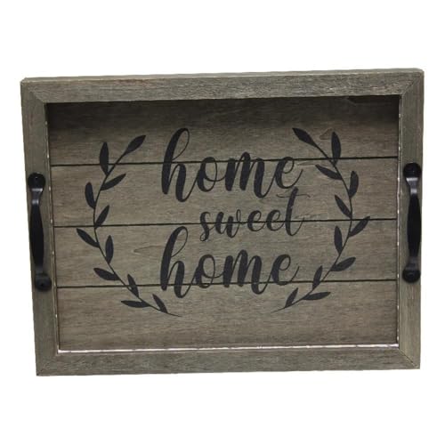 Elegant Designs HG2032-RGS Salento Farmhouse Rectangular Decorative LED Light Up Wooden Serving Tray w Metal Handles & Home Sweet Home in Black for Décor, Centerpiece, Breakfast, Bar, Rustic Gray - color: Rustic Gray/Black "Home Sweet Home", size: 15.5" x