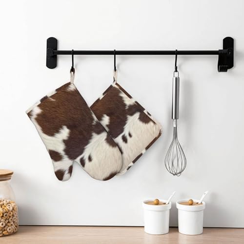 Cow Print Oven Mitts and Pot Holders Set Silicone Heat Resistant Brown Cowhide Western Farmhouse Kitchen Gloves Set Cow Print Kitchen Mittens Pot Holders for BBQ Cooking Baking Grilling - color: Brown