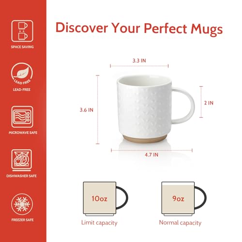 Sweese Stackable Coffee Mugs Set of 4, 10 oz Porcelain Coffee Cups with Embossed Design, White Cappuccino Cups for Coffee, Latte