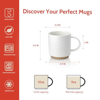 Sweese Stackable Coffee Mugs Set of 4, 10 oz Porcelain Coffee Cups with Embossed Design, White Cappuccino Cups for Coffee, Latte