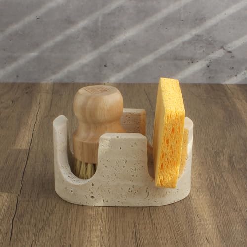 Natural Travertine Marble 2-Slot Sponge Holder for Kitchen Counter, 2-in-1 Stone Drying Rack, Sponge Caddy for Sink Organizer - Beige Travertine - color: Beige Travertine