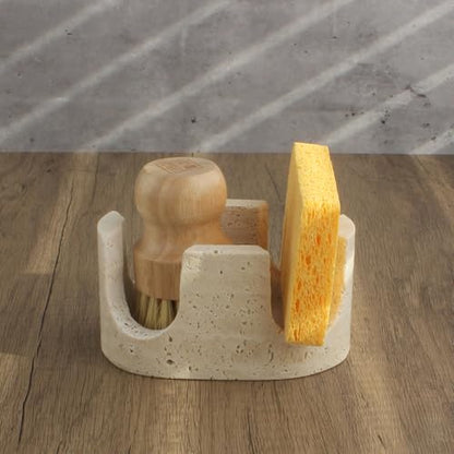 Natural Travertine Marble 2-Slot Sponge Holder for Kitchen Counter, 2-in-1 Stone Drying Rack, Sponge Caddy for Sink Organizer - Beige Travertine - color: Beige Travertine