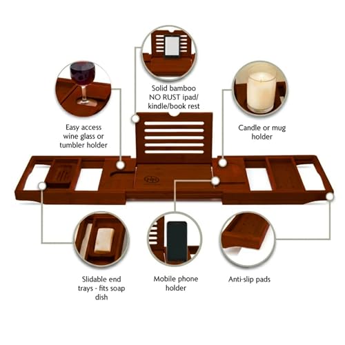 Bamboo Bathtub Caddy Tray Expandable & Foldable Bath Shelfwith Book, Tablet & Wine Holder Adjustable Wooden Bath Tray for Relaxing Spa atHome – Fits Most Tub Sizes. - color: Wood Brown