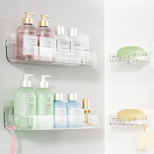 Crystal-Clear Shower Caddy with Soap Dish & Adhesive Pads, 2 Pack | Acrylic Wall Mounted Shower Shelves for Bathroom Organizers and Storage, No Drill for Bathroom Decor