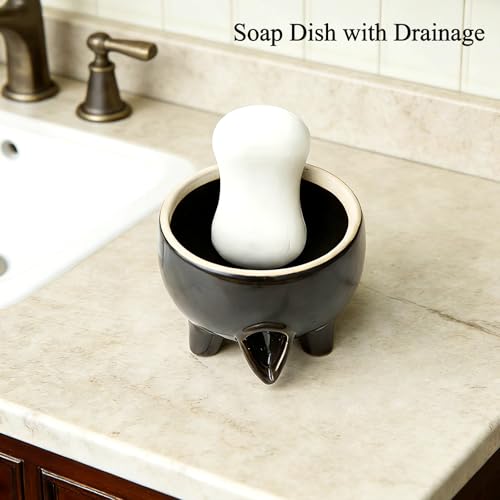 Ceramic Sponge Holder with Drainage, Black Sink Caddy Organizer | Self-Draining Kitchen Versatile Holder for Sponges, Brushes & Bar Soap, Scrubber , Quick-Dry Design, Keeps Countertop Dry