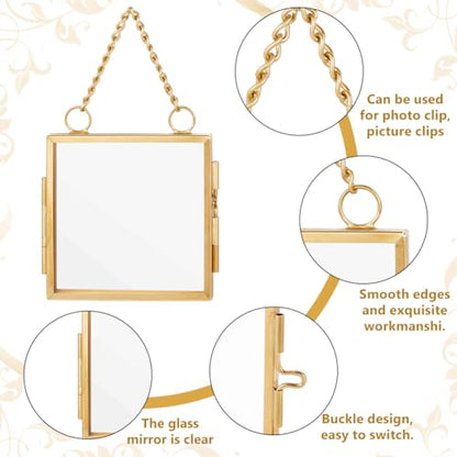 OLYCRAFT 6Pcs 2.1x2.1 Inch Gold Mini Glass Hanging Frame with Chain | Metal Picture Frames, Double Glass Floating Frames, Wall Hanging Artwork Display Frame for Pressed Flowers Leaf and Artwork - size: 2.1x2.1 Inch