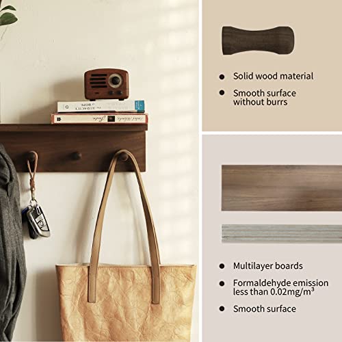 Entryway Coat Rack Hooks with Shelf, Sturdy Wooden Floating WallOrganizer Shelf with 4 Hooks siutable for Entrance, Mudroom, Kitchen, Bathroom,.etc(Walnut Finish) - color: Walnut Finish