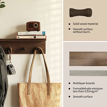 Entryway Coat Rack Hooks with Shelf, Sturdy Wooden Floating WallOrganizer Shelf with 4 Hooks siutable for Entrance, Mudroom, Kitchen, Bathroom,.etc(Walnut Finish) - color: Walnut Finish