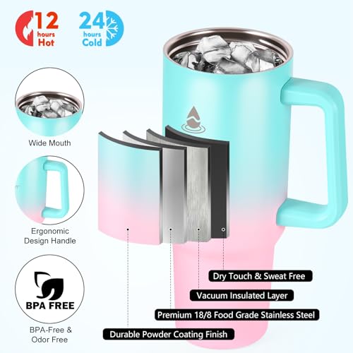 40 oz Tumbler with Handle and Straw or Convert to 40 oz Insulated Water Bottle Fits in Cup Holder. Stainless Steel Metal Water Flask with 2 Lids for Travel,Camping,Gym Sports Coffee Mug Thermal Cup - color: Mint Pink Gradient
