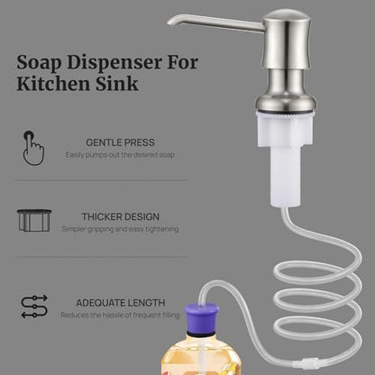 Sink Soap Dispenser for Kitchen Sink Brushed Nickel Upgrade with 40" Silicone Extension Tube Kit, Connect to Your Soap Bottle Directly | Built-in and Reduces Refill Frequency, Simple DIY Installation, Fits 1.1–1.6 in Sink Holes, for Dish Soap or Lotion -