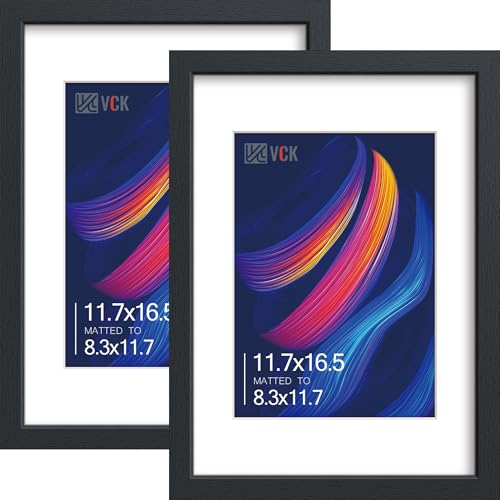 VCK A3 Frame 2 Pack, Black Wood, A4 Mat, Glass, for Picture, Poster, Art | Tempered Glass, Acid-Free Mat, 11.7x16.5 Frame Without Mat, Vertical or Horizontal Wall Display, for Wall Art, and Office - color: Black, size: A3, style: 2 Pack