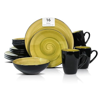HomeVss Sonoma 16 Piece Stoneware Dinner Set, Outside Black + Inside Handpainted Color Green with Black speckle - color: Green