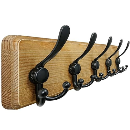 Coat Rack Wall Mount - Heavy-Duty Robust Barnwood-Style Wooden Wall Coat Hanger Hook Rail with 5 Triple Hooks for Winter Coats Hat Jacket Clothing, Weathered Brown & Black - color: Weathered Brown & Black, size: L=17.4"
