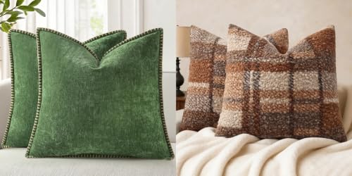 decorUhome Chenille Soft Throw Pillow Covers 20X20 Set of 2, Forest Green,Boucle Plaid Check Faux Fur Throw Pillow Covers 20x20 Inch Set of 2, Autumnal