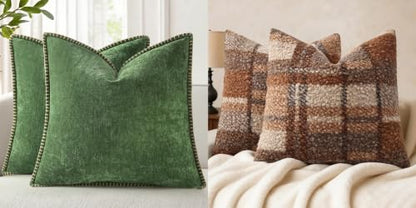decorUhome Chenille Soft Throw Pillow Covers 20X20 Set of 2, Forest Green,Boucle Plaid Check Faux Fur Throw Pillow Covers 20x20 Inch Set of 2, Autumnal