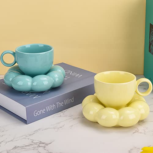 Koythin 6.5oz Sunflower Saucer Mini Ceramic Mug, Blue-Green Tea Latte Cup | 200ml Refreshing Small Mug, Dual Safe Ceramic; Home Office Light Drink Cup, Aesthetic Decor - color: Blue-green
