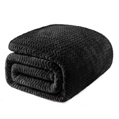 Exclusivo Mezcla Soft Fleece Blanket Twin Size for Bed, Sofa, Black | 90"x66" Breathable Lightweight Flannel Blanket for Summer, Plush Cozy Jacquard Wave for Home Decor - color: Black, size: Twin ( 90x66 IN )