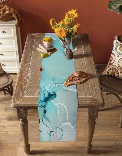 Marble Turquoise Teal Aqua Table Runner 90 Inches Long,Cotton Linen Modern Kitchen Dinner Dining Table Runners Decor Long Dresser Scarf,Burlap Tablerunner for Coffee/Dining/Party/Wedding Table - size: 13"x90"