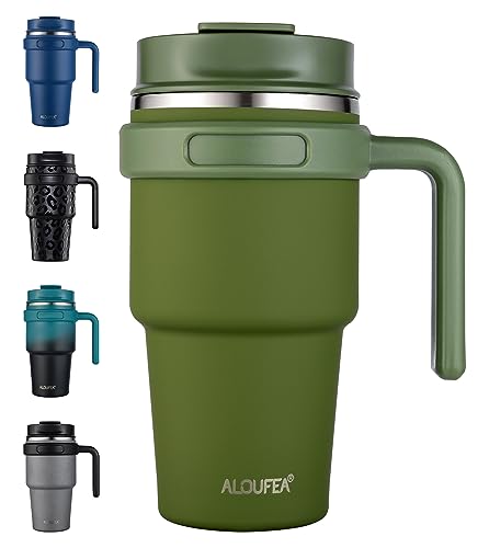 20 oz Insulated Travel Coffee Mug Tumbler with Handle and Straw | Leakproof Stainless Steel Coffee Cup with Lid, Double Wall Vacuum Ice Thermal Cup, Army Green - color: Army Green, size: 20 Ounces
