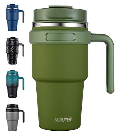 20 oz Insulated Travel Coffee Mug Tumbler with Handle and Straw | Leakproof Stainless Steel Coffee Cup with Lid, Double Wall Vacuum Ice Thermal Cup, Army Green - color: Army Green, size: 20 Ounces